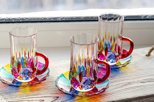 Multi Colored Glass Cups Saucers Coffee Tea Stand Wooden Tray — Stock Photo, Image