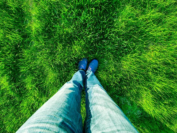 Mujeres pies en pantalones vaqueros azules contra la hierba verde brillante —  Fotos de Stock