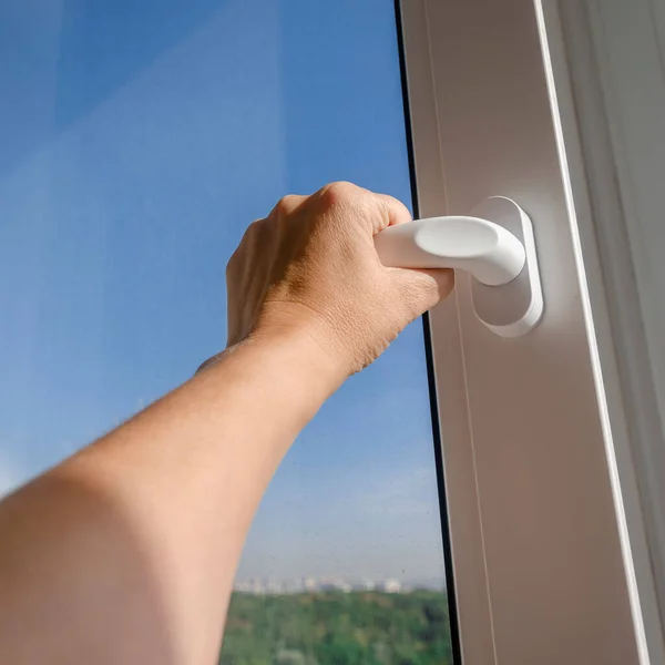 Woman Hand Opens Handle Plastic Window Blue Sky — Stock Photo, Image