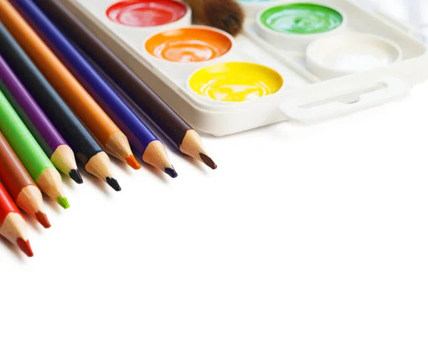 Concepto Bellas Artes Educación Primer Plano Conjunto Lápices Colores Acuarelas —  Fotos de Stock