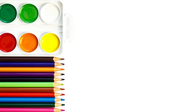 Colored Pencils Drawing Watercolor Paints Box Isolated White Background Art — Stock Photo, Image