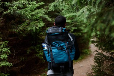 Devasa bir sırt çantasıyla gezen genç bir turist bulutlu bir sonbahar gününde sonsuz yeşil ormanın ortasında kayalık doğal patikada yürüyüş yapıyor. Doğal çevreye kaçış tatili. Dağ eğlencesi, tırmanış.