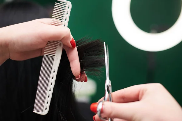 Professional hairdresser making haircut for female client. Close-up picture of hair stylist\'s hands holding scissors and comb, cutting shiny black hair. Work process in barber shop.
