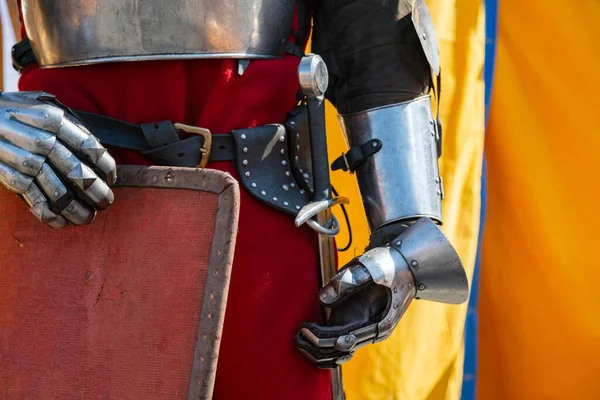 Close up of middle ages armor of the knight. Historic armoring used in combat battles.