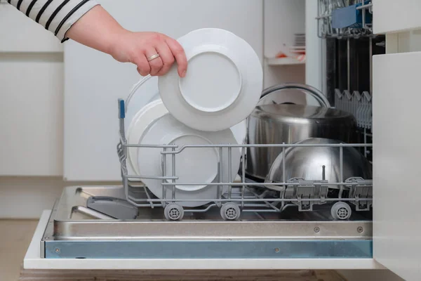 Close Hand Unloading Dish Washer Kitchen Person Taking Appliances Full — Stock Photo, Image