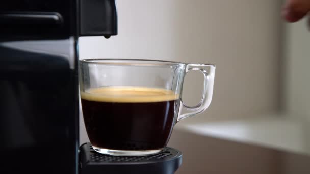 Close Hand Picking Cup Espresso Capsule Coffee Machine Home Concept — Stock Video