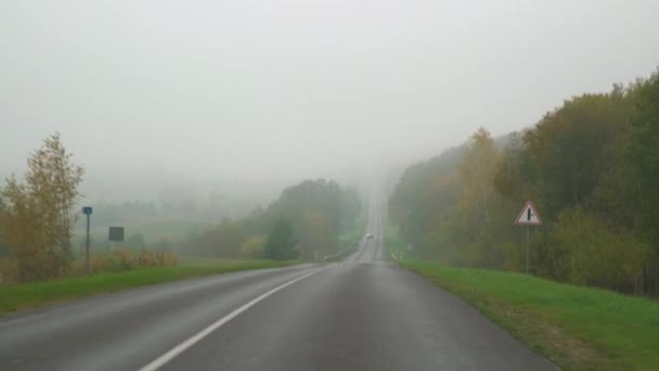 Ехать Сельской Дороге Туманным Утром Опасные Условия Вождения — стоковое видео