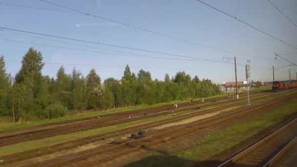 Vista Trilhos Ferroviários Vagão Trem Movimento Viajando Estrada Ferro Com — Vídeo de Stock