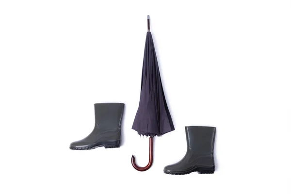 Chaussures Caoutchouc Parapluie Isolés Sur Fond Blanc Saison Des Pluies — Photo