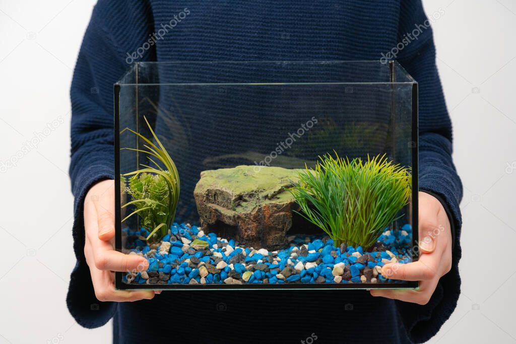 Person holding fish tank aquarium with no water and fish on white background. Fist pet.