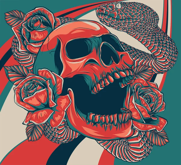 Cráneo con rosas e ilustración de vector de serpiente — Vector de stock