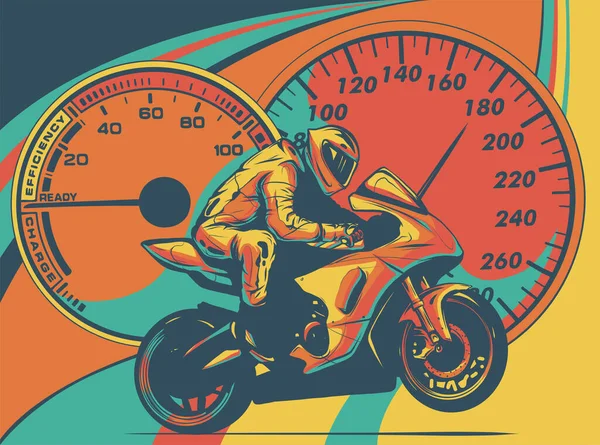 Motocyklista na motocyklu w kolorowym tle wektor ilustracji. — Wektor stockowy