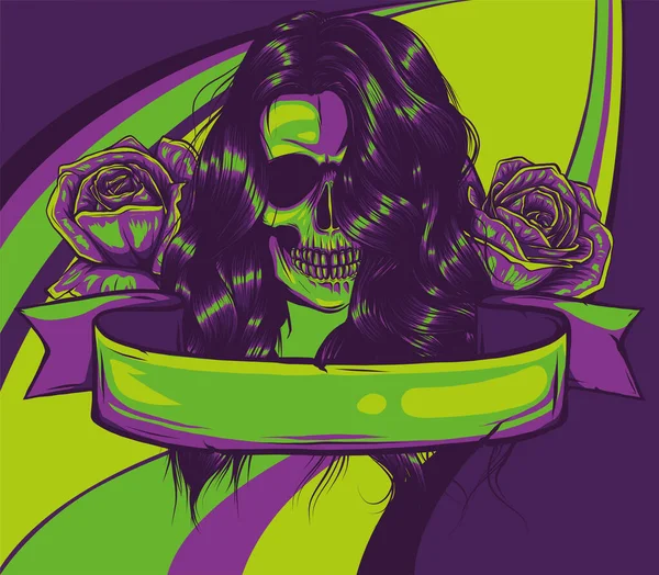 Vector Color Woman Skull Illustration mit Rosen — Stockvektor