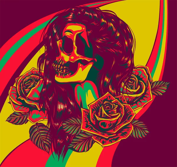Cráneo de mujer con rosas vector ilustración arte — Vector de stock