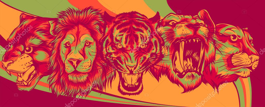 Wild Animals Heads Set. Lion, Tiger, Jaguar, Lynx - Vector Mascot Design