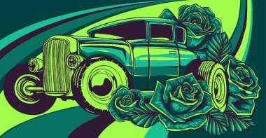 Süslü gülleri olan eski moda bir araba..