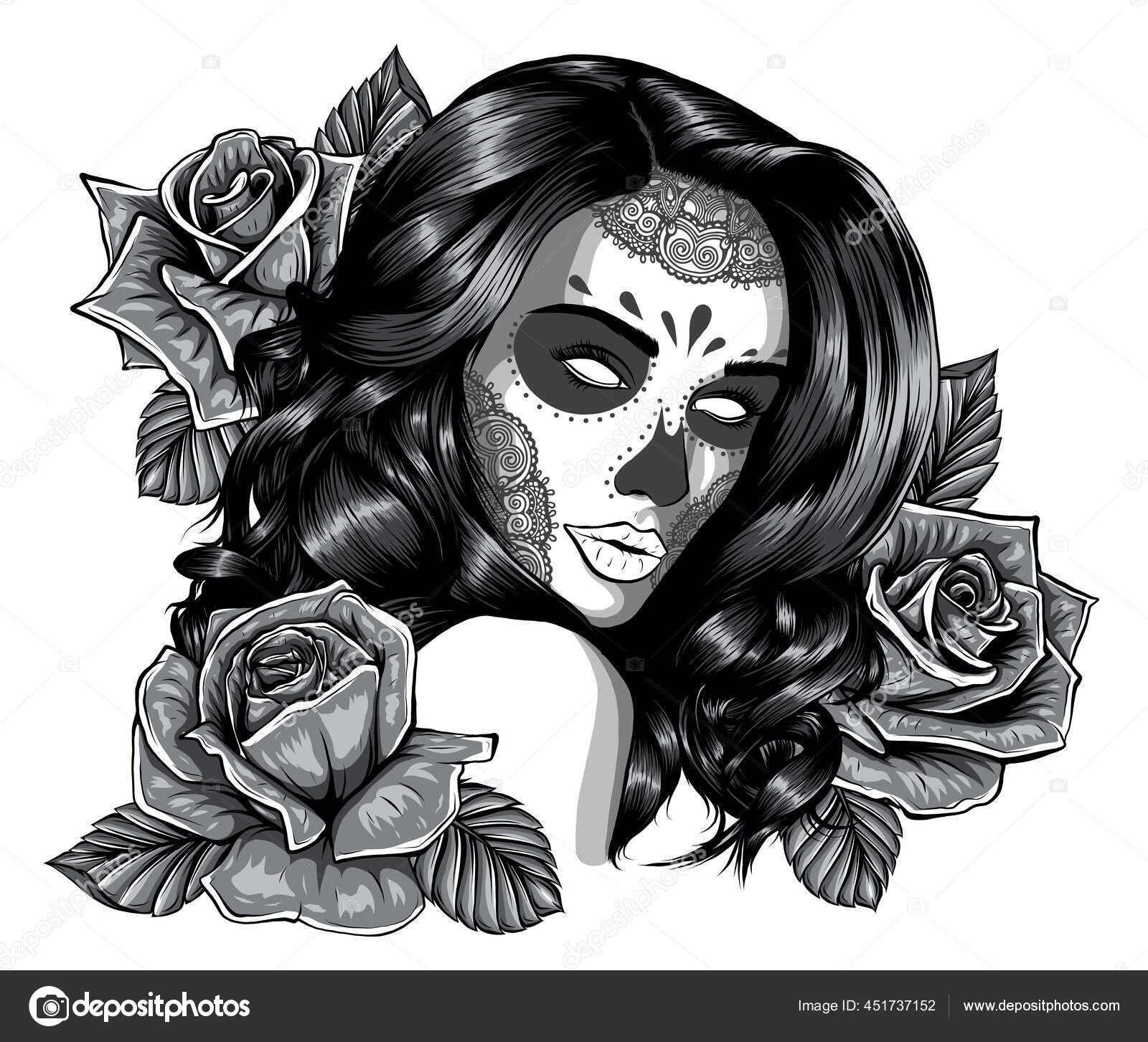 Chica monocromática con esqueleto conforman bosquejo vectorial dibujado a  mano. Santa muerte mujer bruja retrato stock ilustración Vector de stock  #451737152 de ©deanzangir@gmail.com, image size:1600x1453