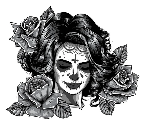 Fille monochromatique avec squelette composent croquis vectoriel dessiné à la main. Santa muerte femme sorcière portrait stock — Image vectorielle