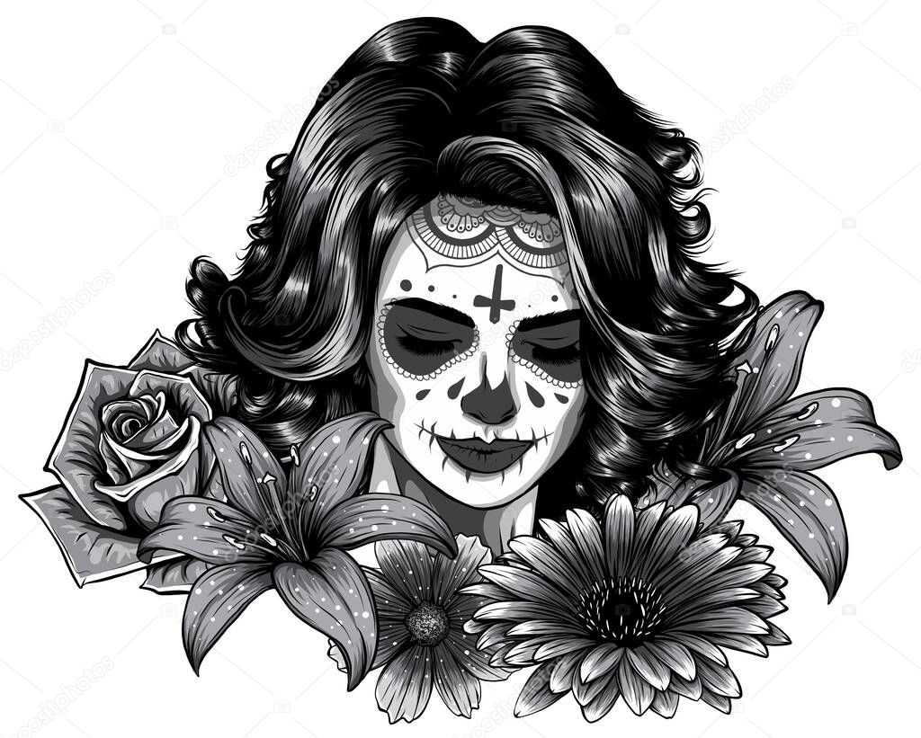 monochromatic Girl with skeleton make up hand drawn vector sketch. Santa muerte woman witch portrait stock illustration