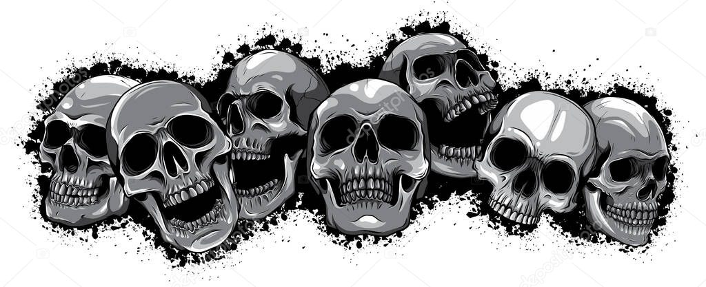 monochromatic Vector illustration group of human skulls. Human skull design for characters.