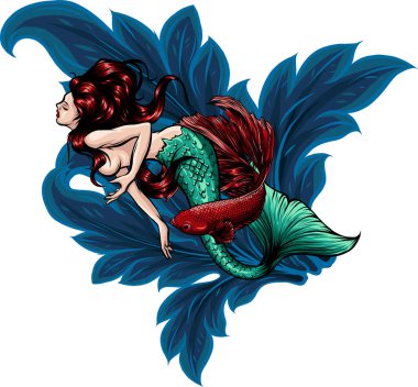 Güzel mavi saçlı siren kızı vektör çizimi