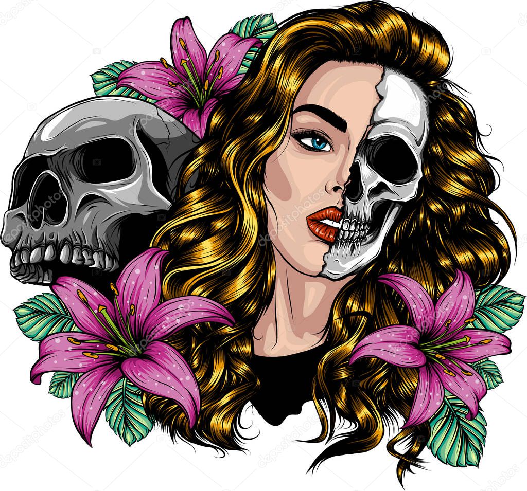 woman face with skull and flower illustration