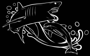 Siluet Yunus ve Köpekbalığı. Komik çizgi film ve vektör izole karakterler.