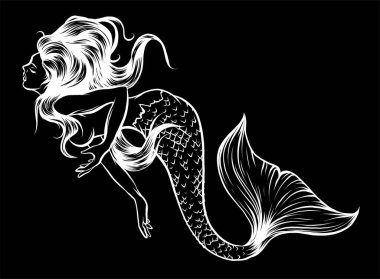 Silueti olan güzel bir denizkızı. El çizimi çizimi. vektör