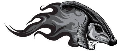 Tek renkli dinozor Parasaurolophus baş sanat vektörü çizimi tasarımı