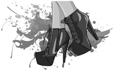 Yüksek topuklu monokromatik vektör kızlar. Moda illüstrasyonu. Ayakkabılı kadın bacakları. Güzel tasarım..