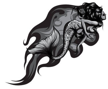 Tek renkli fantezi deniz sirenleri ve çizgi film tarzında alevler. Vektör illüstrasyonu.