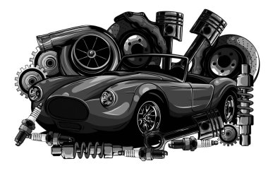 Tek renkli klasik araba parçaları koleksiyonu otomobil motorlu piston direksiyon direksiyonlu direksiyon farları hız göstergesi vites kutusu şok emici izole vektör çizimi