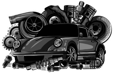 Tek renkli klasik araba parçaları koleksiyonu otomobil motorlu piston direksiyon direksiyonlu direksiyon farları hız göstergesi vites kutusu şok emici izole vektör çizimi
