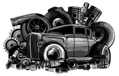 Tek renkli klasik araba parçaları koleksiyonu otomobil motorlu piston direksiyon direksiyonlu direksiyon farları hız göstergesi vites kutusu şok emici izole vektör çizimi