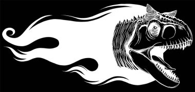 Siyah arkaplan vektör illüstrasyonunda alevler içinde yanan dinozor silueti