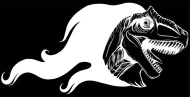 Siyah arkaplan vektör illüstrasyonunda alevler içinde yanan dinozor silueti