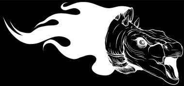 Siyah arkaplan vektör illüstrasyonunda alevler içinde yanan dinozor silueti