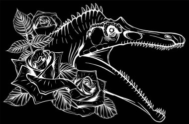 Dinozor ve gül silueti siyah arka planda. Vektör tasarımı Sanat çizimi kavramı.