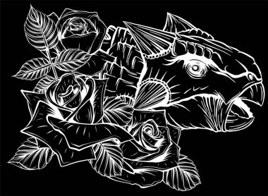 Dinozor ve gül silueti siyah arka planda. Vektör tasarımı Sanat çizimi kavramı.