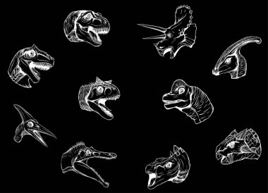 Dinozorlar karikatür koleksiyonu, siyah arkaplanda siluet