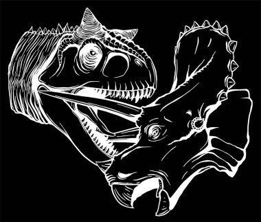 T-Rex Triceratops 'a Karşı siyah arkaplandaki görüntü silueti