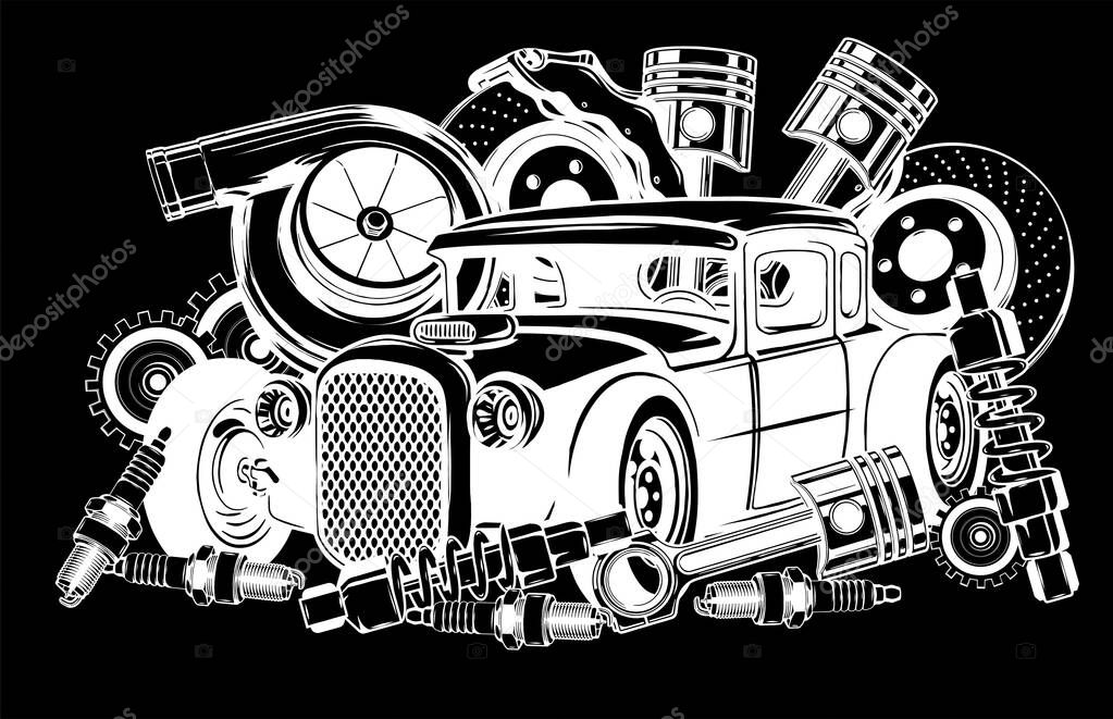 Vector illustration of Car Spares Frame and parts silhouette in black background