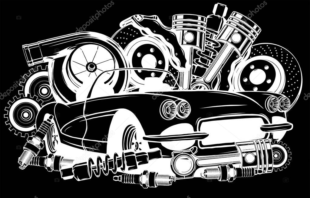 Vector illustration of Car Spares Frame and parts silhouette in black background