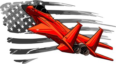 Amerikan bayrağı taşıyan kırmızı askeri savaş uçaklarının vektör çizimi.