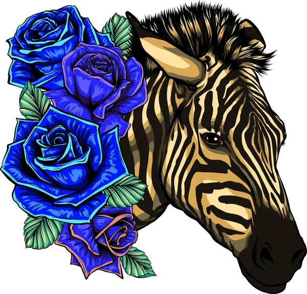 Illustration vectorielle de la tête de zèbre aux roses bleues — Image vectorielle