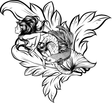 Siyah beyaz güzel saçlı siren kız vektör illüstrasyonunu çiz.