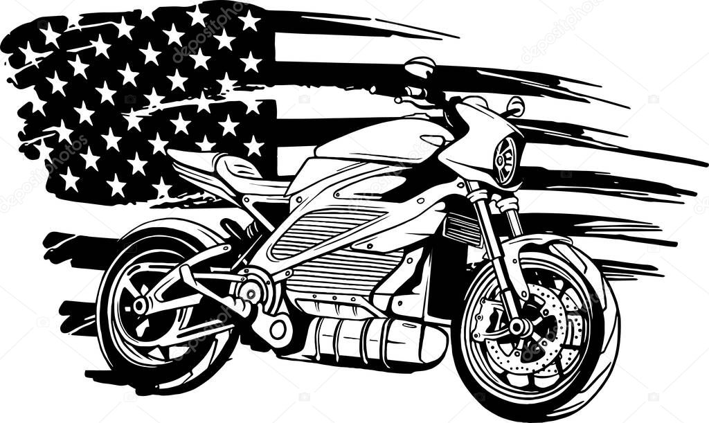 draw in black and white of american flag with bike vector illustration design