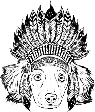 Geleneksel Hint şapkası ve vektör illüstrasyonuyla baş köpeğin siyah beyaz resmini çiz