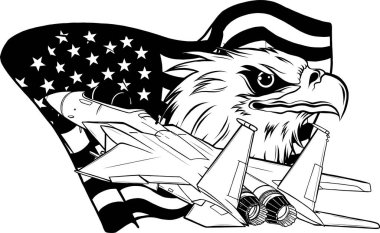 Kartal ve Amerikan bayrağıyla birlikte askeri savaş uçaklarının siyah ve beyazını çekin.