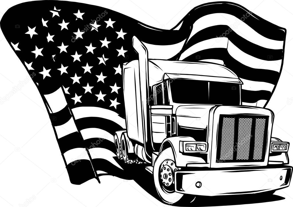 draw in black and white of Classic American Truck. Vector illustration with american flag
